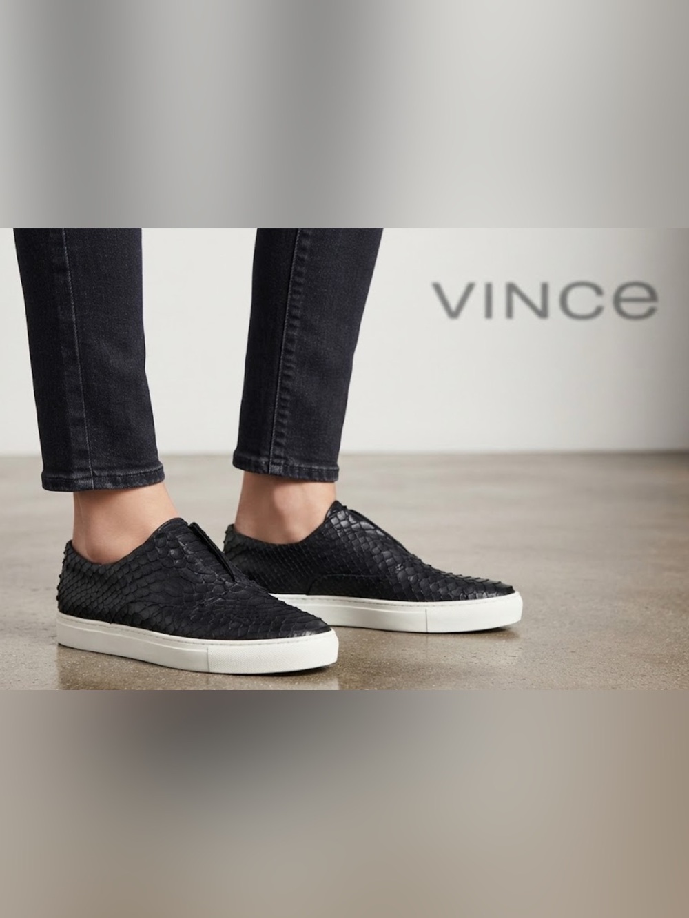 Authentic Vince designer reptile embossed leather platform slip on sneakers 7.5